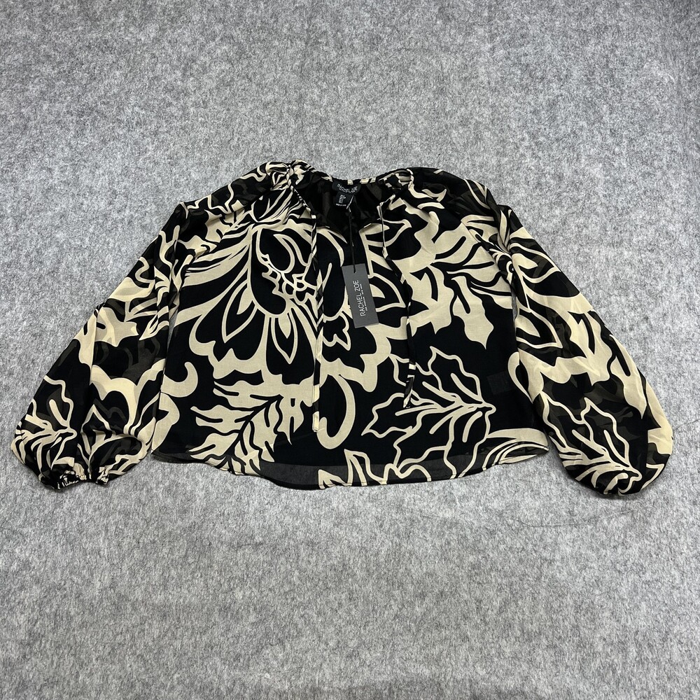 Rachel Zoe Shirt Womens S Beige Floral Balloon Sleeve Chiffon Blouse Top Preppy